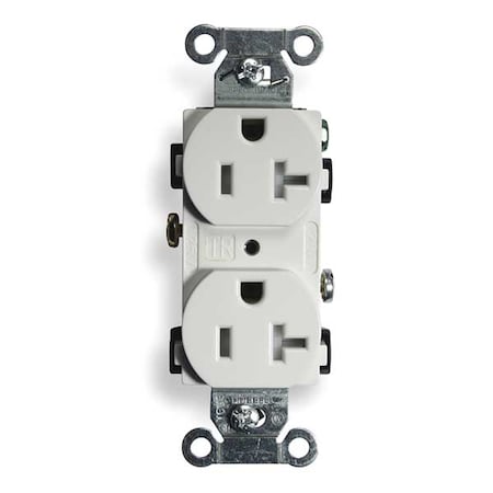 Duplex Straight Blade Receptacle, 5-20R, 20 A, 125V AC, 2 Pole, 3 Wire, Flush Mount, Grounded MPN:BR20WHITR