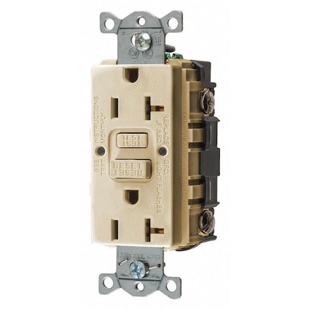 GFCI Receptacle: Duplex, 1 Phase, NEMA 5-20R, 125V AC, 20 A, 2 Poles, Screw Terminals, Ivory MPN:GFR20I