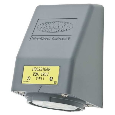 Flanged Locking Receptacle, L5-20R, 20 A, 125V AC, Single Phase, 2 Pole, Flush Mount, Gray MPN:HBL2310AR