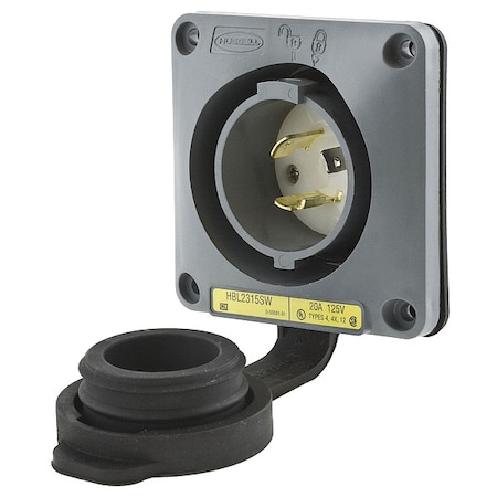 Watertight Flanged Locking Inlet, 20 A, 125V AC, Single Phase, 2 Pole, Flush Mount, Screw Terminals MPN:HBL2315SW