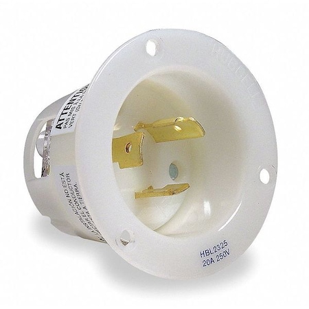 Flanged Locking Inlet, 20 A, 250V AC, Single Phase, 2 Pole, Flush Mount, Screw Terminals, White MPN:HBL2325