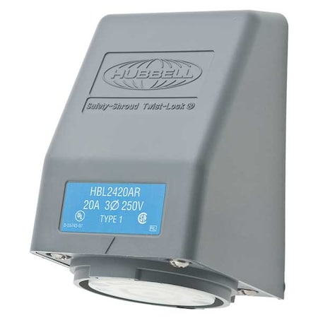 Flanged Locking Receptacle, L15-20R, 20 A, 250V AC, Three Phase, 3 Pole, Flush Mount, Gray MPN:HBL2420AR