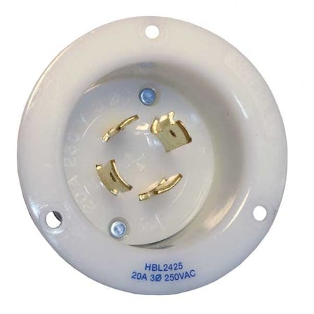 Flanged Locking Inlet, 20 A, 250V AC, Three Phase, 3 Pole, Flush Mount, Screw Terminals, White MPN:HBL2425