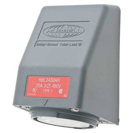 Flanged Locking Receptacle, L16-20R, 20 A, 480V AC, Three Phase, 3 Pole, Flush Mount, Gray MPN:HBL2430AR