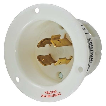Flanged Locking Inlet, 20 A, 480V AC, Three Phase, 3 Pole, Flush Mount, Screw Terminals, White MPN:HBL2435