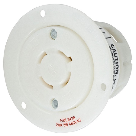 Flanged Locking Receptacle, L16-20R, 20 A, 480V AC, Three Phase, 3 Pole, Flush Mount, White MPN:HBL2436
