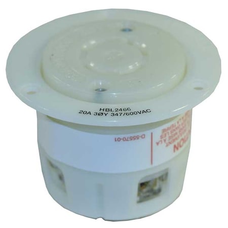Flanged Locking Receptacle, L20-20R, 20 A, 347/600V AC, Three Phase, 4 Pole, Flush Mount, White MPN:HBL2466