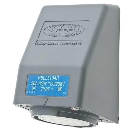 Flanged Locking Receptacle, L21-20R, 20 A, 120/208V AC, Three Phase, 4 Pole, Flush Mount, Gray MPN:HBL2510AR