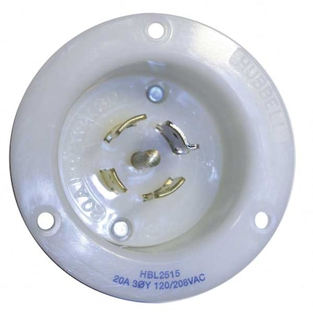 Flanged Locking Inlet, 20 A, 120/208V AC, Three Phase, 4 Pole, Flush Mount, Screw Terminals, White MPN:HBL2515