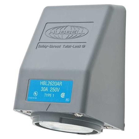Flanged Locking Receptacle, L6-30R, 30 A, 250V AC, Single Phase, 2 Pole, Flush Mount, Gray, White MPN:HBL2620AR