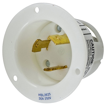 Flanged Locking Inlet, 30 A, 250V AC, Single Phase, 2 Pole, Flush Mount, Screw Terminals, White MPN:HBL2625