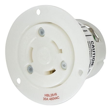 Flanged Locking Receptacle, L8-30R, 30 A, 480V AC, Single Phase, 2 Pole, Flush Mount, White MPN:HBL2646