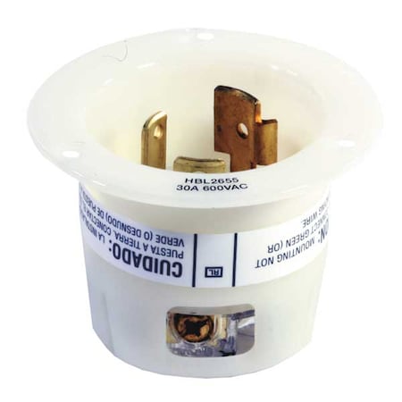 Flanged Locking Inlet, 30 A, 600V AC, Single Phase, 2 Pole, Flush Mount, Screw Terminals, White MPN:HBL2655