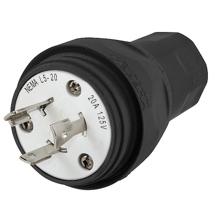 Watertight Locking Plug, L5-20P, 20 A, 125V AC, Single Phase, 2 Pole, Screw Terminals, Black MPN:HBL26W47BK
