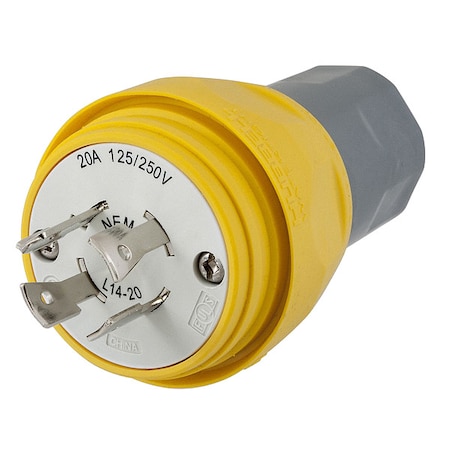 Watertight Locking Plug, L14-20P, 20 A, 125/250V AC, Single Phase, 3 Pole, Screw Terminals, Yellow MPN:HBL26W74
