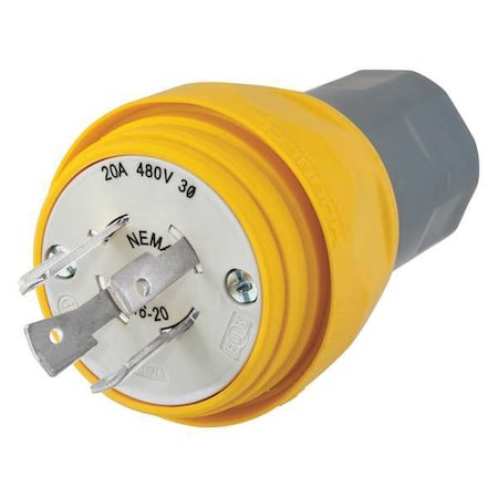 Watertight Locking Plug, L16-20P, 20 A, 480V AC, Three Phase, 3 Pole, Screw Terminals, Yellow MPN:HBL26W76