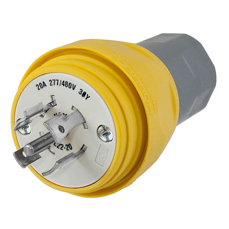 Watertight Locking Plug, L22-20P, 20 A, 277/480V AC, Three Phase, 4 Pole, Screw Terminals, Yellow MPN:HBL26W82
