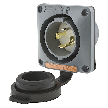 Watertight Flanged Locking Inlet, 30 A, 125/250V AC, Single Phase, 3 Pole, Flush Mount, Gray MPN:HBL2715SW