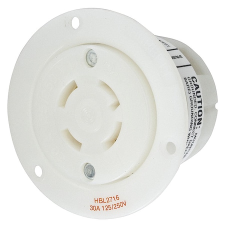 Flanged Locking Receptacle, L14-30R, 30 A, 125/250V AC, Single Phase, 3 Pole, Flush Mount, White MPN:HBL2716