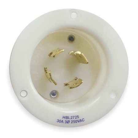 Flanged Locking Inlet, 30 A, 250V AC, Three Phase, 3 Pole, Flush Mount, Screw Terminals, White MPN:HBL2725