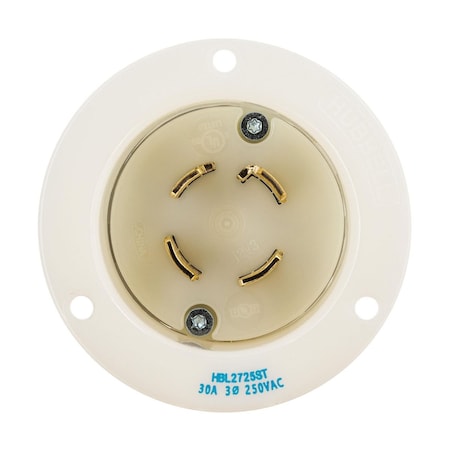 Locking Receptacle, 30 A, 250V AC, Three Phase, 3 Pole, Flush Mount, Spring Clamp Terminals, White MPN:HBL2725ST