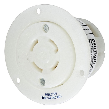 Flanged Locking Receptacle, L15-30R, 30 A, 250V AC, Three Phase, 3 Pole, Flush Mount, White MPN:HBL2726