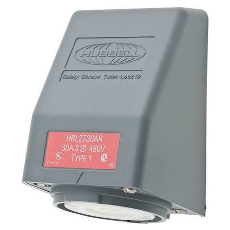 Flanged Locking Receptacle, L16-30R, 30 A, 480V AC, Three Phase, 3 Pole, Flush Mount, Gray MPN:HBL2730AR