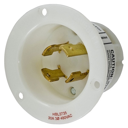 Flanged Locking Inlet, 30 A, 480V AC, Three Phase, 3 Pole, Flush Mount, Screw Terminals, White MPN:HBL2735