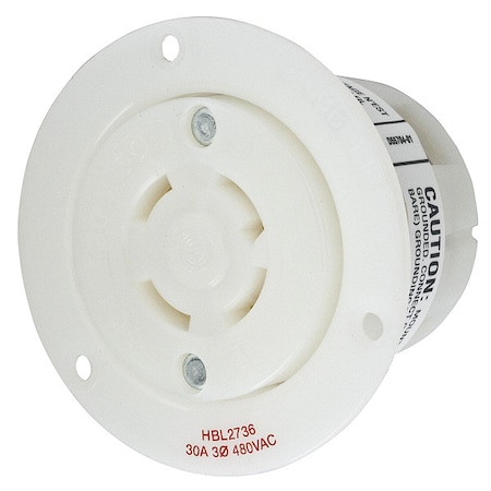 Flanged Locking Receptacle, L16-30R, 30 A, 480V AC, Three Phase, 3 Pole, Flush Mount, White MPN:HBL2736