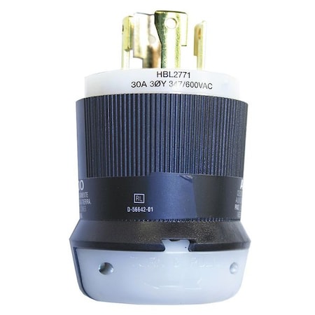 Locking Plug, L20-30P, 30 A, 347/600V AC, Three Phase, 4 Pole, Screw Terminals, Black, White MPN:HBL2771