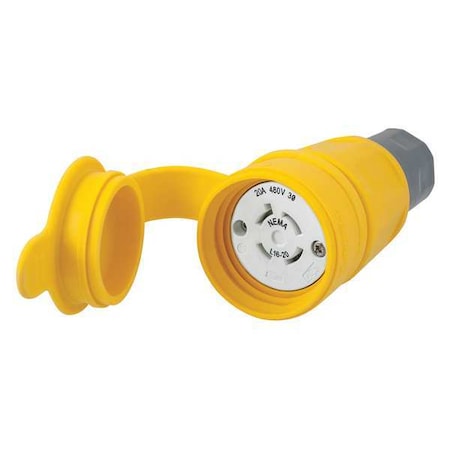 Watertight Locking Connector, L16-20R, 20 A, 480V AC, Three Phase, 3 Pole, Screw Terminals, Yellow MPN:HBL27W76
