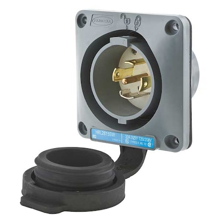 Watertight Flanged Locking Inlet, 30 A, 120/208V AC, Three Phase, 4 Pole, Flush Mount, Gray, White MPN:HBL2815SW