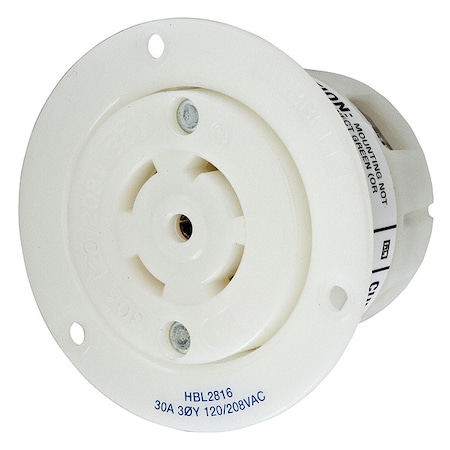 Flanged Locking Receptacle, L21-30R, 30 A, 120/208V AC, Three Phase, 4 Pole, Flush Mount, White MPN:HBL2816