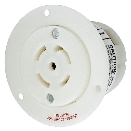 Flanged Locking Receptacle, L22-30R, 30 A, 277/480V AC, Three Phase, 4 Pole, Flush Mount, White MPN:HBL2826