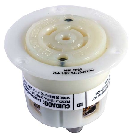 Flanged Locking Receptacle, L23-30R, 30 A, 347/600V AC, Three Phase, 4 Pole, Flush Mount, White MPN:HBL2836