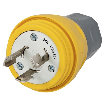 Watertight Locking Plug, Non-NEMA, 30 A, 125/250V AC, Single Phase, 3 Pole, Screw Terminals, Yellow MPN:HBL28W08