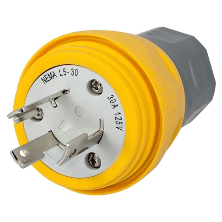 Watertight Locking Plug, L5-30P, 30 A, 125V AC, Single Phase, 2 Pole, Screw Terminals, Yellow MPN:HBL28W47