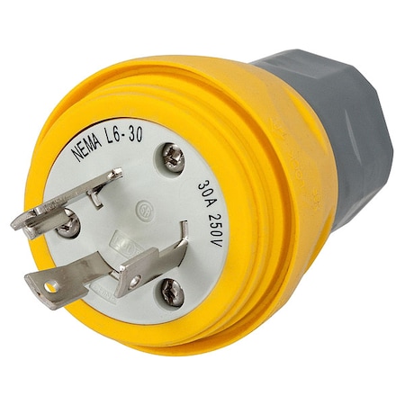 Watertight Locking Plug, L6-30P, 30 A, 250V AC, Single Phase, 2 Pole, Screw Terminals, Yellow MPN:HBL28W48