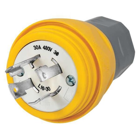 Watertight Locking Plug, L16-30P, 30 A, 480V AC, Three Phase, 3 Pole, Screw Terminals, Yellow MPN:HBL28W76