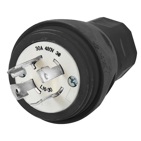 Watertight Locking Plug, L16-30P, 30 A, 480V AC, Three Phase, 3 Pole, Screw Terminals, Black MPN:HBL28W76BK