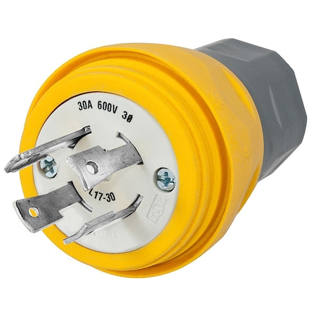 Watertight Locking Plug, L17-30P, 30 A, 600V AC, Three Phase, 3 Pole, Screw Terminals, Yellow MPN:HBL28W77