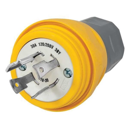 Watertight Locking Plug, L18-30P, 30 A, 120/208V AC, Three Phase, 4 Pole, Screw Terminals, Yellow MPN:HBL28W78
