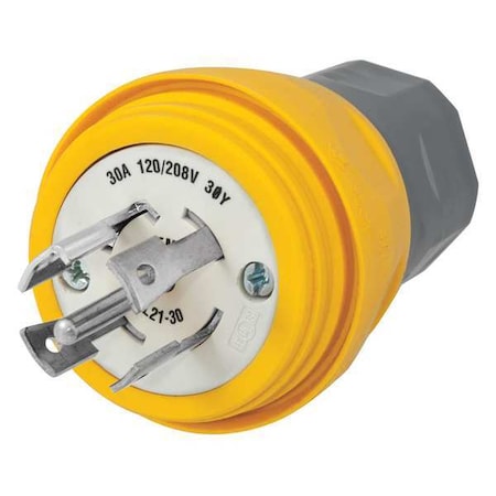 Watertight Locking Plug, L21-30P, 30 A, 120/208V AC, Three Phase, 4 Pole, Screw Terminals, Yellow MPN:HBL28W81