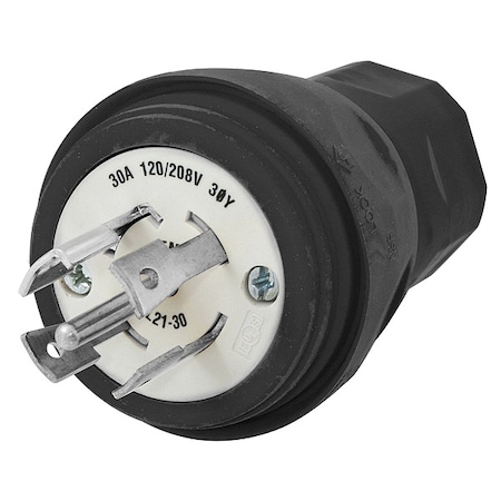 Watertight Locking Plug, L21-30P, 30 A, 120/208V AC, Three Phase, 4 Pole, Screw Terminals, Black MPN:HBL28W81BK
