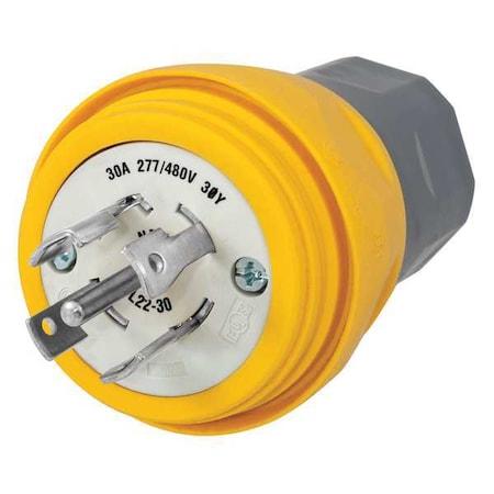 Watertight Locking Plug, L22-30P, 30 A, 277/480V AC, Three Phase, 4 Pole, Screw Terminals, Yellow MPN:HBL28W82