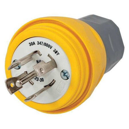 Watertight Locking Plug, L23-30P, 30 A, 347/600V AC, Three Phase, 4 Pole, Screw Terminals, Yellow MPN:HBL28W83
