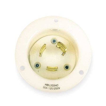 Flanged Locking Inlet, Non-NEMA, 30 A, 125/250V AC, Single Phase, 3 Pole, Flush Mount, White MPN:HBL3334C