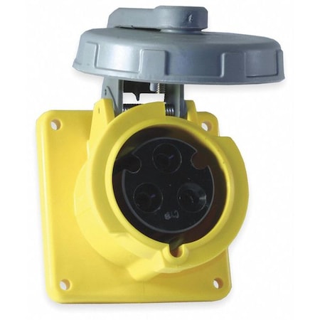 Watertight Pin & Sleeve Receptacle, 60 A, 125V AC, Single Phase, 2 Pole, IEC Grounding, Yellow MPN:HBL360R4W