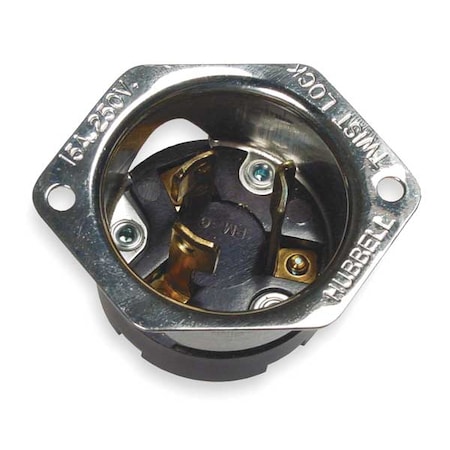 Flanged Locking Inlet, 15 A, 250V AC, Single Phase, 2 Pole, Flush Mount, Screw Terminals, Black MPN:HBL4586