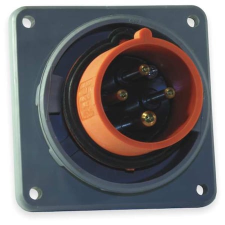 Watertight Pin & Sleeve Inlet, 60 A, 125/250V AC, Single Phase, 3 Pole, IEC Grounding, Orange MPN:HBL460B12W